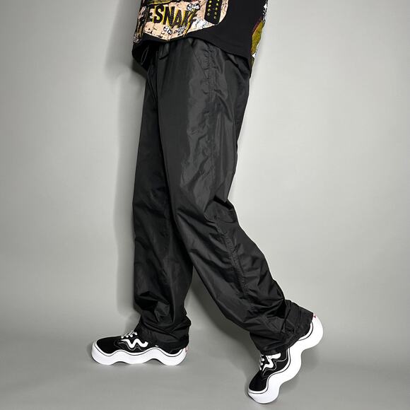 Vintage Y2K Swisswell Track Pants Mens L Baggy Wide Leg Fit Jet Black Polyester - Picture 1 of 4